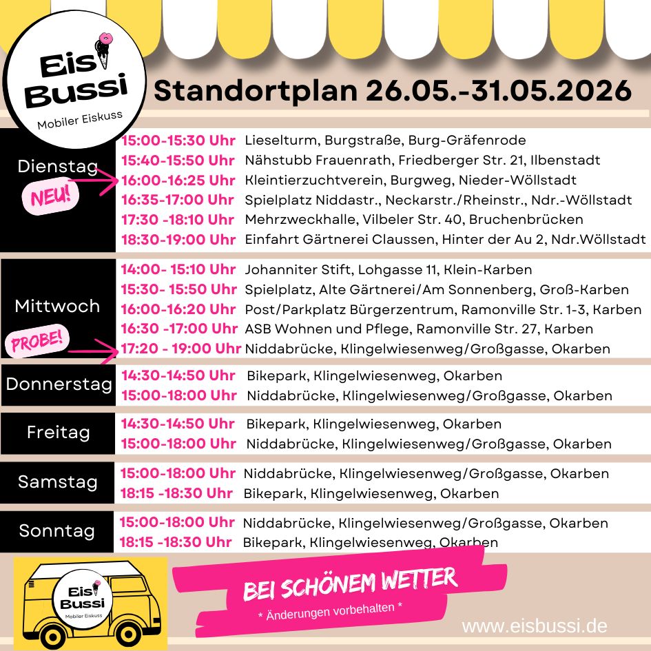 EisBussi, Eisbus, Eisbulli, Postbus, Eispostbus, T3 VW-Bus, mobiler Eisbus, hausgemachtes Eis, homemade icecream, gelato artigianale, Mohneis, Spaghettieis, Erdbeereis, mobiles Eiscatering, eiscatering Frankfurt, Standorte Eisbus, Eisbustour, Radtour RheinMaingebiet, Wochenplan September, Eis für Hochzeit, Eis für Event, Eis für Veranstaltung, Eis für Party, Eisüberraschung, Eiscatering, Wochenendausflug, eis macht glücklich, mobiler Caterer, vintage Bus, Wetterau, Tourismus Wetterau, Sommerfeeling, Beach-Club an der Nidda, Nieder-Wöllstadt, Afterwork, Roggau, Rendel, Ilbenstadt, Petterweil, Nieder-Wöllstadt, Karben, Okarben, Beachclub, Eisverkauf, Bikepark Karben, Radstrecke, Familienausflug, hausgemachtes Eis, Rhein-Main Region, Bad Homburg, Oberursel, Südliche Wetterau, Bad Vilbel, Dortelweil, Eiscafe, Eissalon, natürliches Eis, Erdbeereis, Pistazieneis, Schokoladeneis, Eiskaffee, Softdrinks, Radpause, Maiausflug,