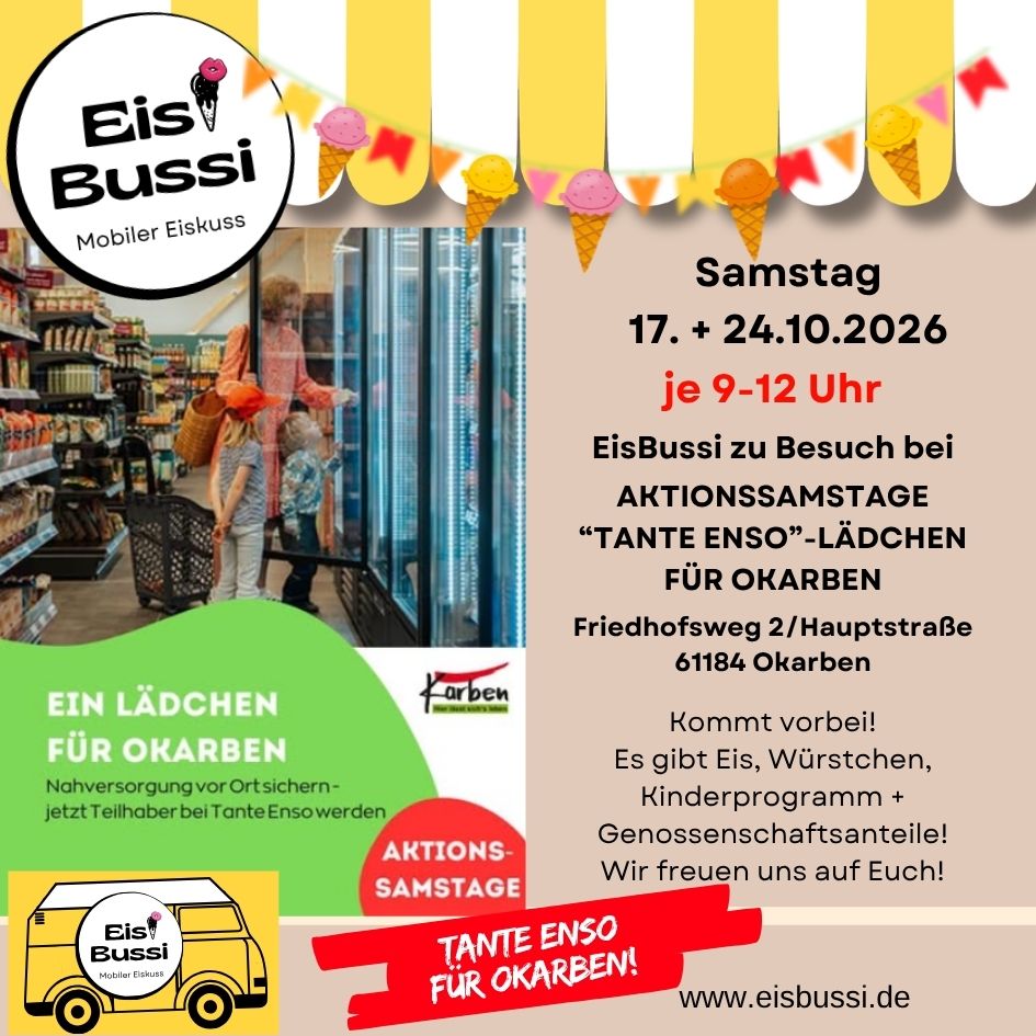 EisBussi, Eisbus, Eisbulli, mobiler Eisverkauf, mobiles Eiscatering, mobiles Caterin, Catering für Hochzeiten, Hochzeitscatering, Eventcatering, hausgemachtes Eis, natürliches Eis, hausgemachtes rein natürliches Eis, Vanilleeis, Schokoladeneis, Erdbeereis, Cassis, Niddaradweg, R4, Rheinmaingebiet, regionalpark Rheinmain, Wetterau, Wetteraukreis, Karben, Okarben, Stadt Karben, EisBussi Beachclub, Erlebnispunkt an der Nidda, Gastronomie an der Nidda, Getränke am Niddaradweg, Genossenschaft, tante enso, dorfladen, lädchen